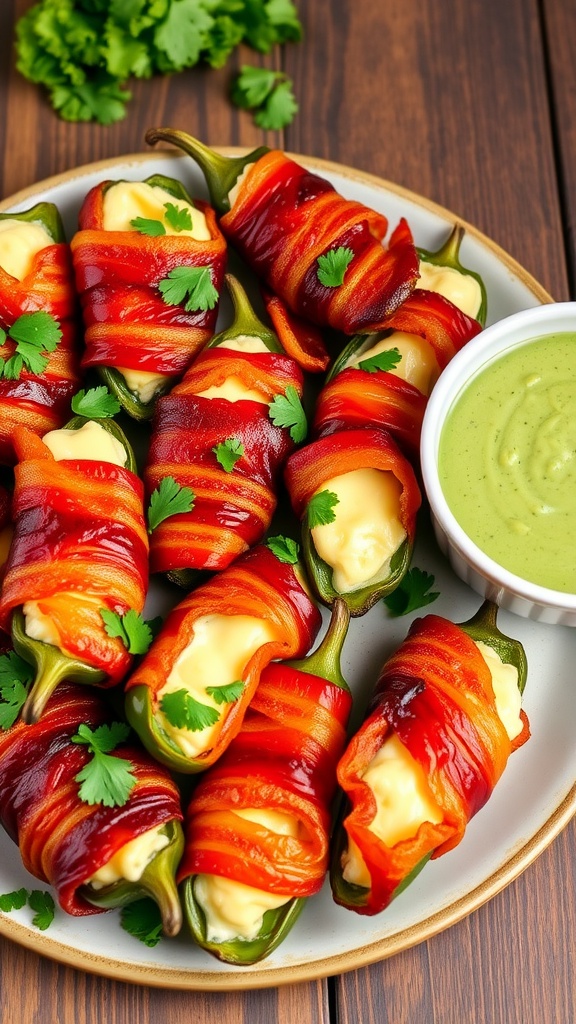 Crispy bacon-wrapped jalapeños stuffed with cream cheese on a wooden table with avocado dip.
